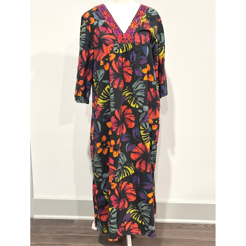 Kate Landry Tropical Maxi Dress Oversized Small Floral Boho Caftan Resort 21492